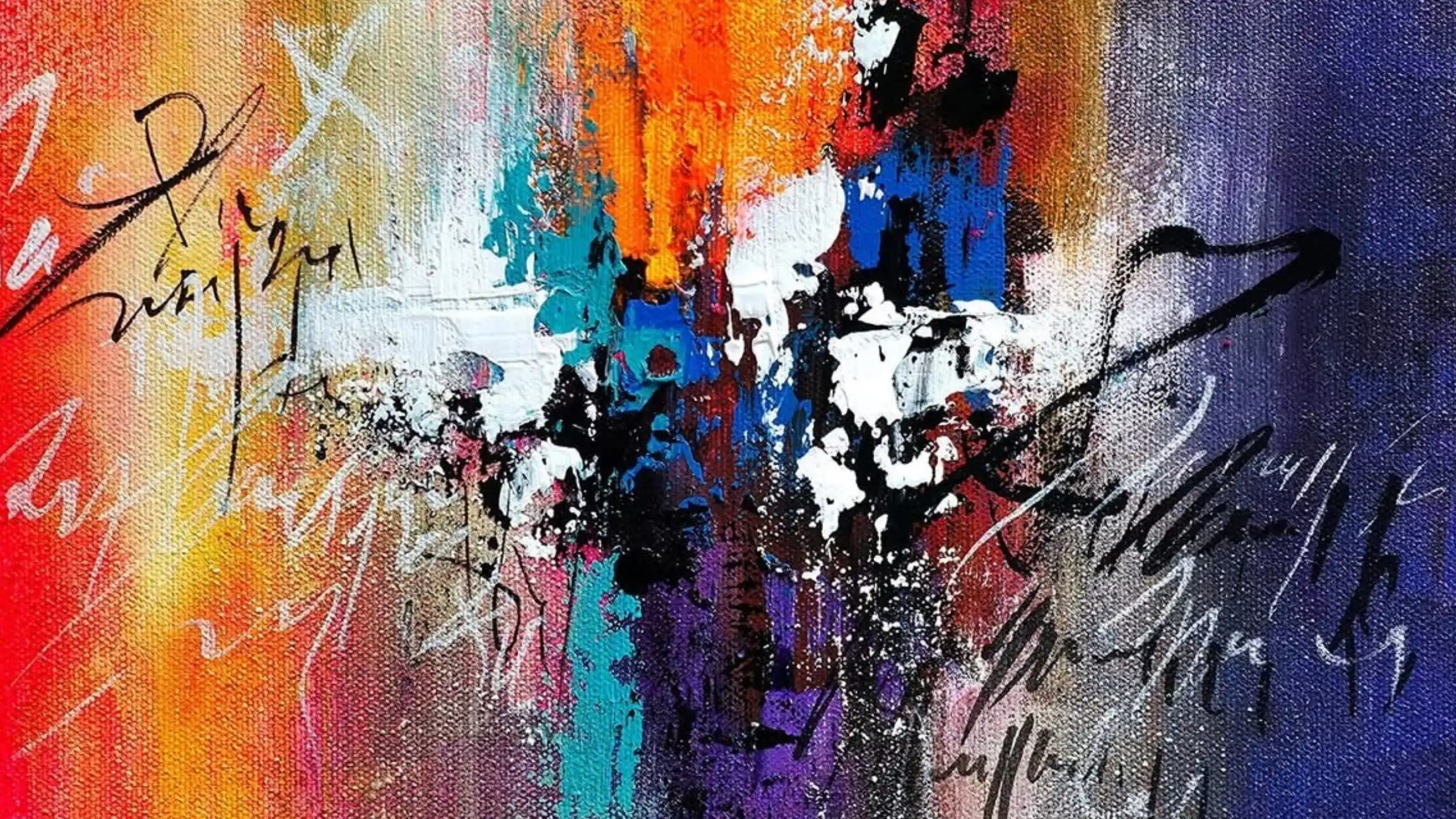 Abstract artwork with bold splashes of orange, blue, purple and white, layered with black marks.